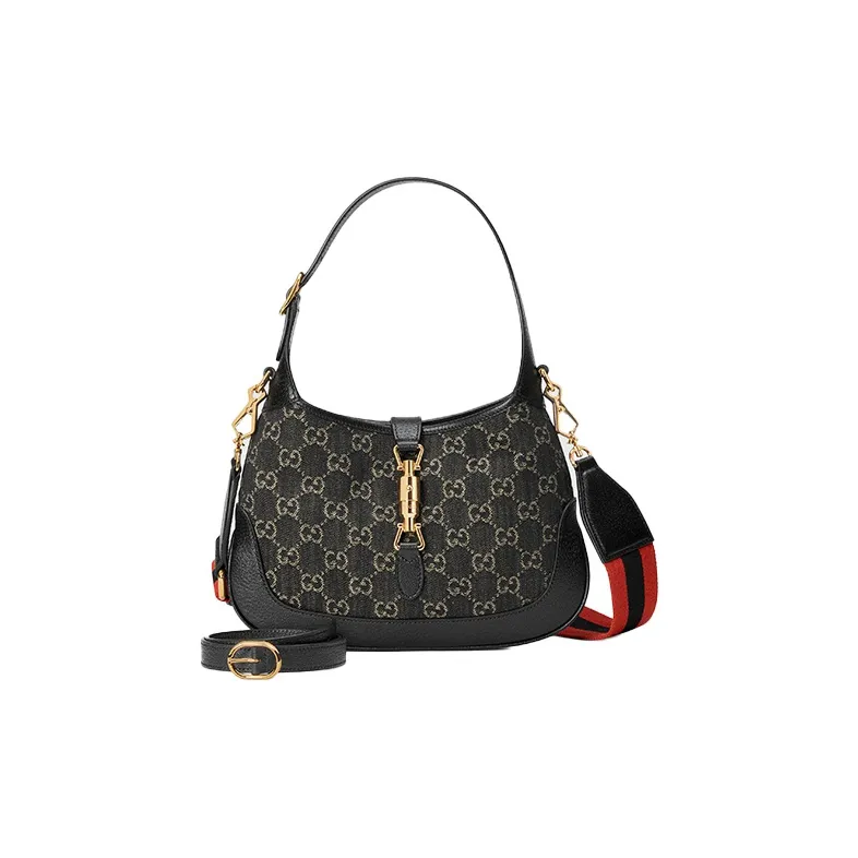 GUCCI Jackie 1961 Canvas With Leather Trim Crescent Shoulder Bag Shoulder Bag, Crossbody Bag Trumpets Women's Black-1