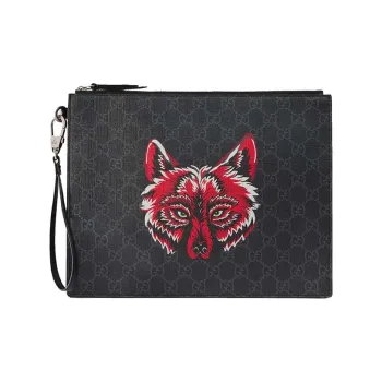 GUCCI Canvas With Leather Clutch Regular Men's Black Gray/Red