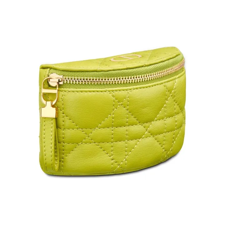 DIOR Cow Leather Coin Purse, Clutch Women's Green Yellow-1
