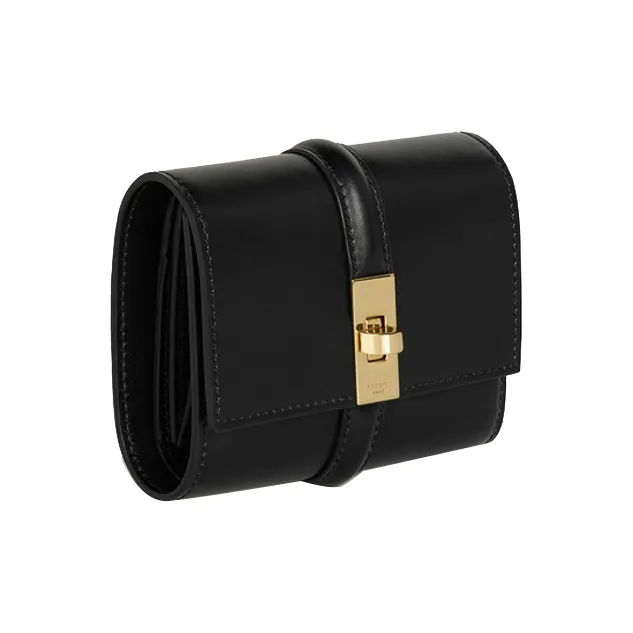 CELINE Shiny Cow Leather Wallet Small Size Women's Black-1