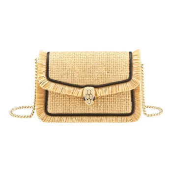 BVLGARI Serpenti Diamond Blast Raffia Patchwork Cow Leather Crossbody Bag Shoulder Bag Mini Unisex Beige Black