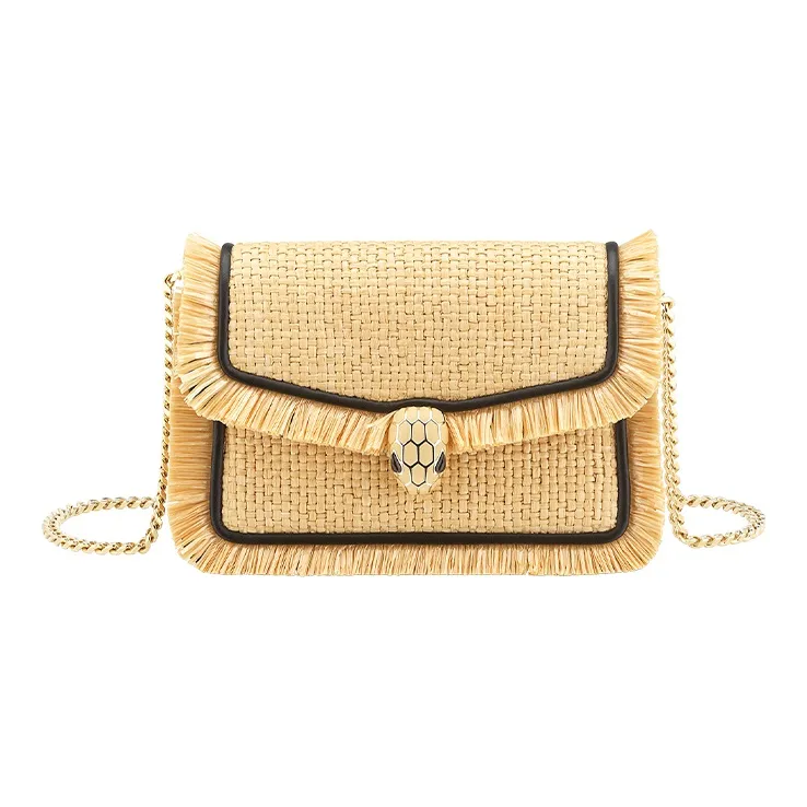 BVLGARI Serpenti Diamond Blast Raffia Patchwork Cow Leather Crossbody Bag Shoulder Bag Mini Unisex Beige Black-0