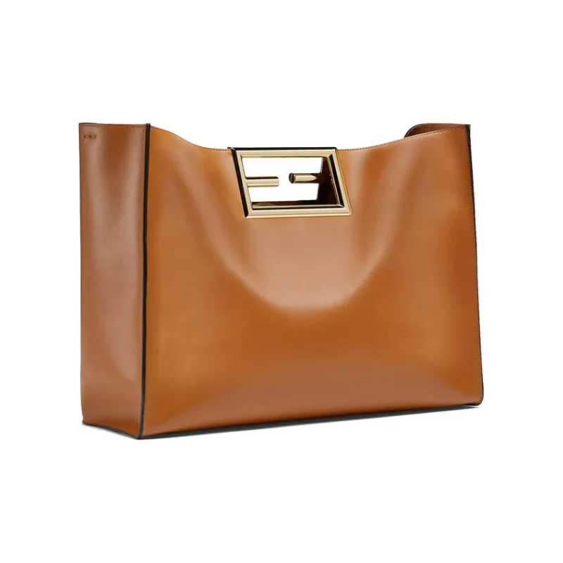 FENDI Calfskin Tote Bag Shopping Bag Handbag Large Size Women's Brown-1