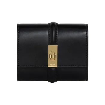 CELINE Shiny Cow Leather Wallet Small Size Women's Black