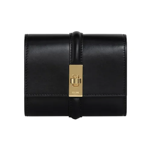 CELINE Shiny Cow Leather Wallet Small Size Women's Black