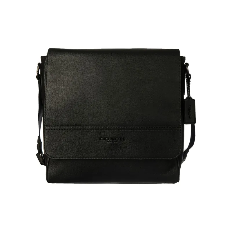 COACH Houston Pebbled Leather Messenger Bag Shoulder Bag Crossbody Bag Large Size Men's Black-0