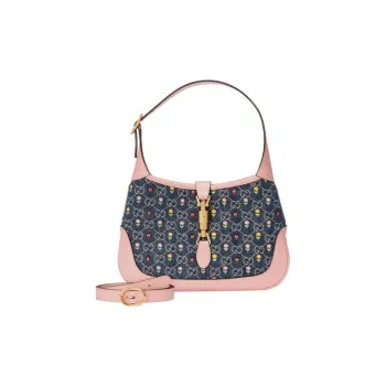 GUCCI Jackie 1961 Canvas With Leather Trim Crescent Shoulder Bag Shoulder Bag Small Size Women's Pink Blue Multicolor