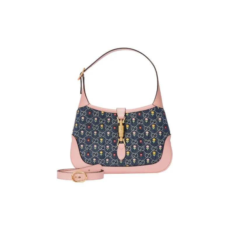 GUCCI Jackie 1961 Canvas With Leather Trim Crescent Shoulder Bag Shoulder Bag Trumpets Women's Pink Blue Multicolor-0