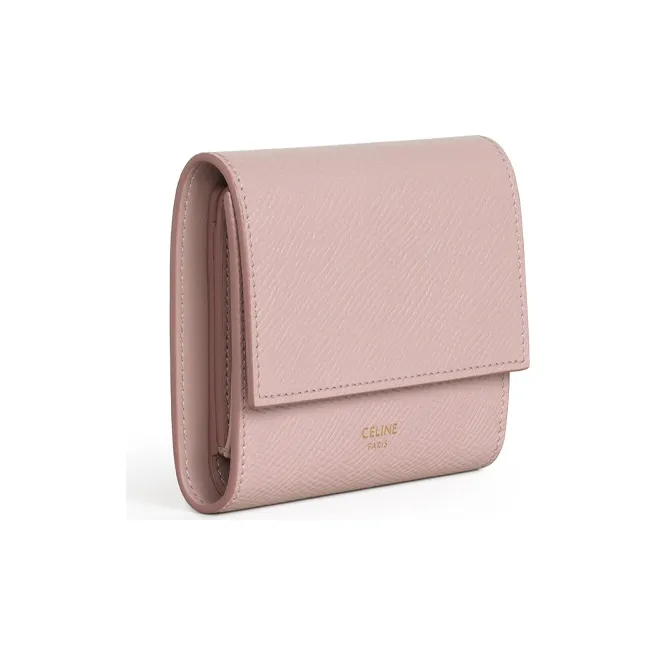 CELINE Essentials Series Grained Cow Leather Trifold Wallet Small Size Women's Vintage Pink Red-1