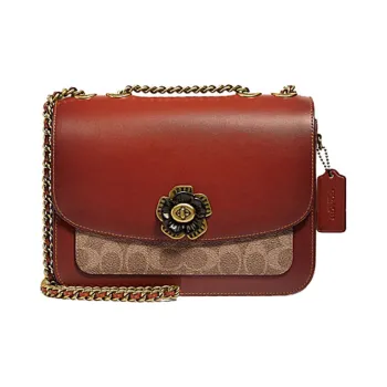 COACH Madison Leather Chain Small Square Bag, Crossbody Bag, Shoulder Bag Women's Brown Yellow & Rusty Red
