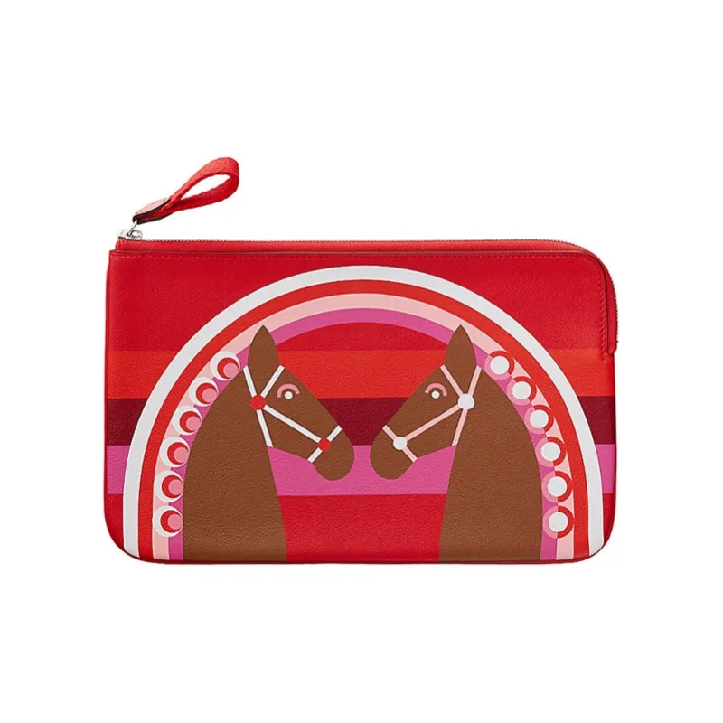 HERMES Cow Leather Clutch Women's Heart Red/Chestnut/Heart Red-0