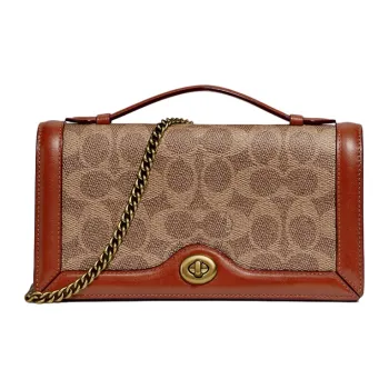 COACH Riley Leather Small Square Bag Handbag Shoulder Bag Crossbody Bag Small Size Women's Red Brown & Umber Monogram