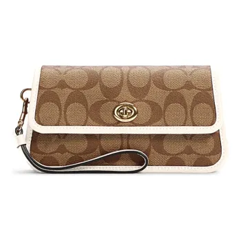 COACH Originals Canvas Mahjong Box Clutch Handbag Small Size Women's Brown & Ecru