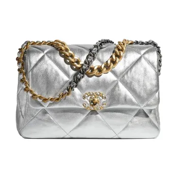 CHANEL 19Bag Metallic Lambskin Handbag, Shoulder Bag, Crossbody Bag Tubas Women's Silver/Gold