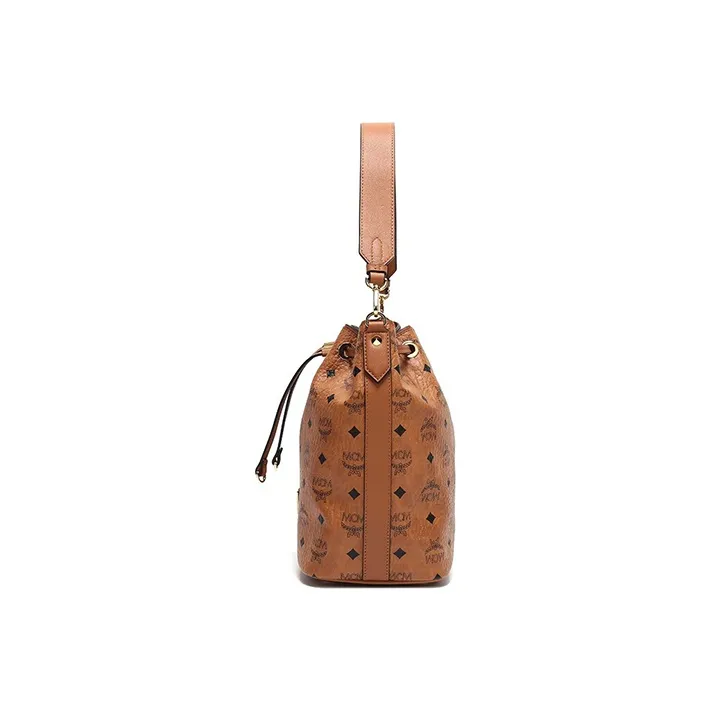 MCM Canvas Bucket Bag, Shoulder Bag, Crossbody Bag, Handbag Small Size Women's Brown Cognac-2