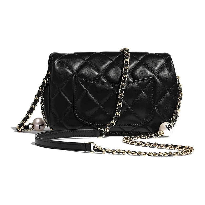 CHANEL Sheepskin Pearl Metal Shoulder Bag Trumpets Women's Black-2