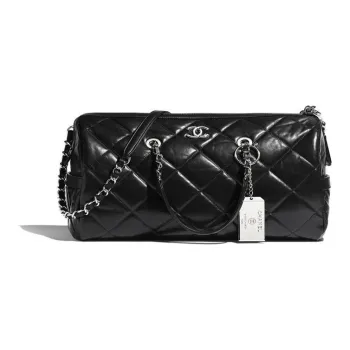 CHANEL Cow Leather Bowling Bag, Shoulder Bag Women's Black