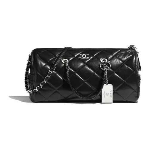CHANEL Cow Leather Bowling Bag, Shoulder Bag Women's Black