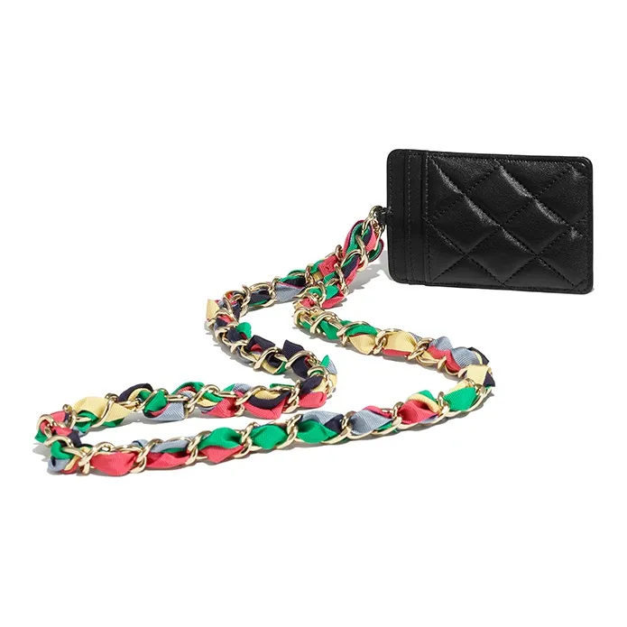 CHANEL Shiny Lambskin Necklace Card Holder Women's Black-2