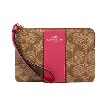 COACH Leather Handheld Coin Wallet Wrist Pouch Small Size Women's Fuchsia & Brown Monogram