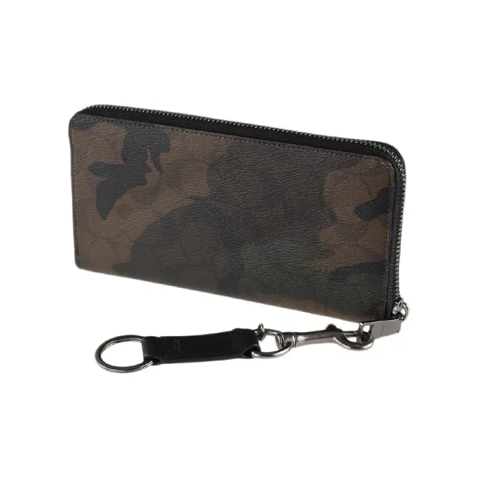 COACH Accordion Zip Canvas Leather Wallet Storage Bag, Clutch Small Size Men's Green Camouflage & Black-3