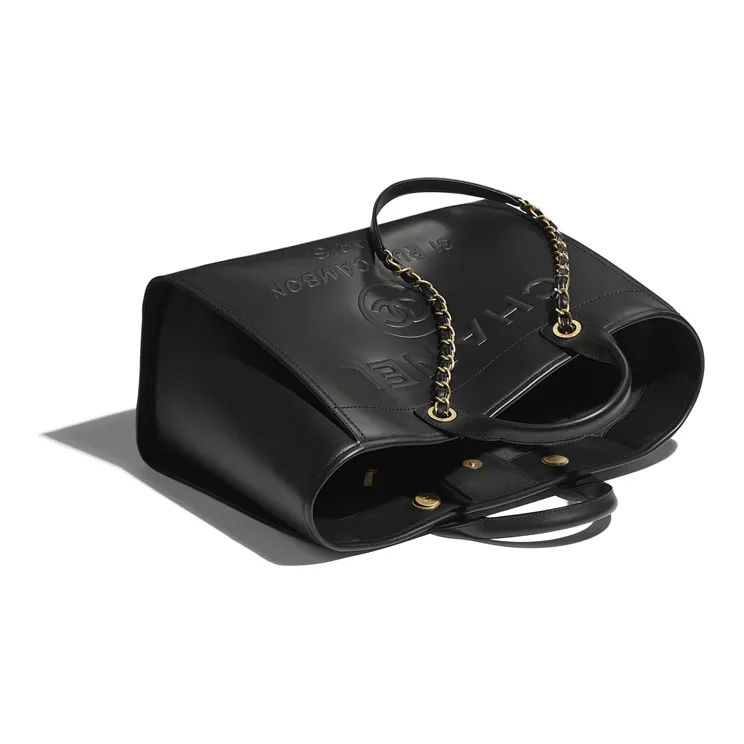 CHANEL Black Cow Leather Shopping Bag, Tote, One Shoulder Handbag Tubas Women's Black-2