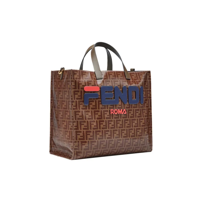 FENDI FILA Collaboration Coated Canvas With Leather Tote Bag Shopping Bag Handbag Unisex Brown-1