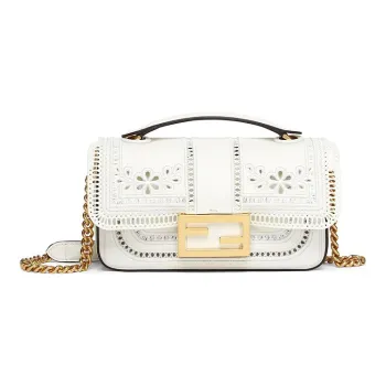FENDI Baguette Calfskin Lambskin Shoulder Bag Crossbody Bag Handbag Mini Women's White