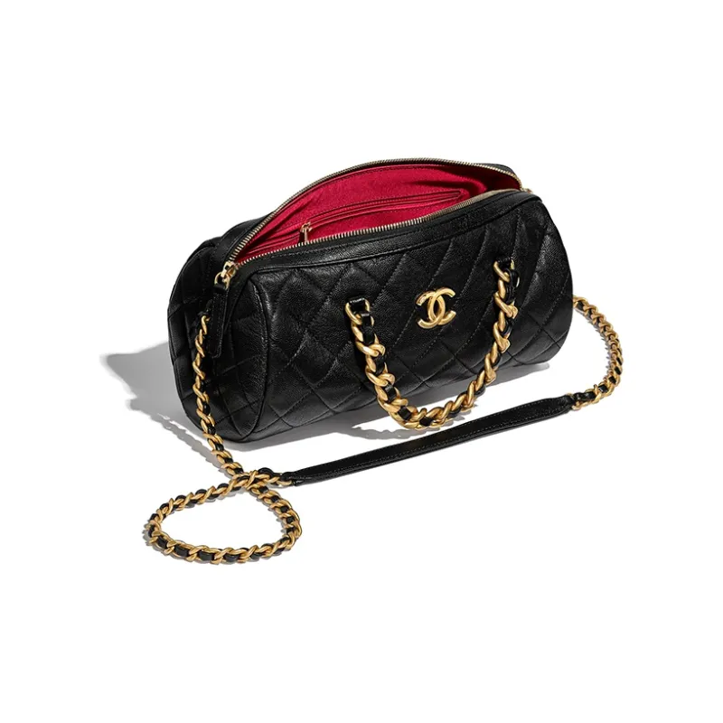 CHANEL Calfskin With Gold Tone Metal Bowling Bag, Shoulder Bag Women's Black-2