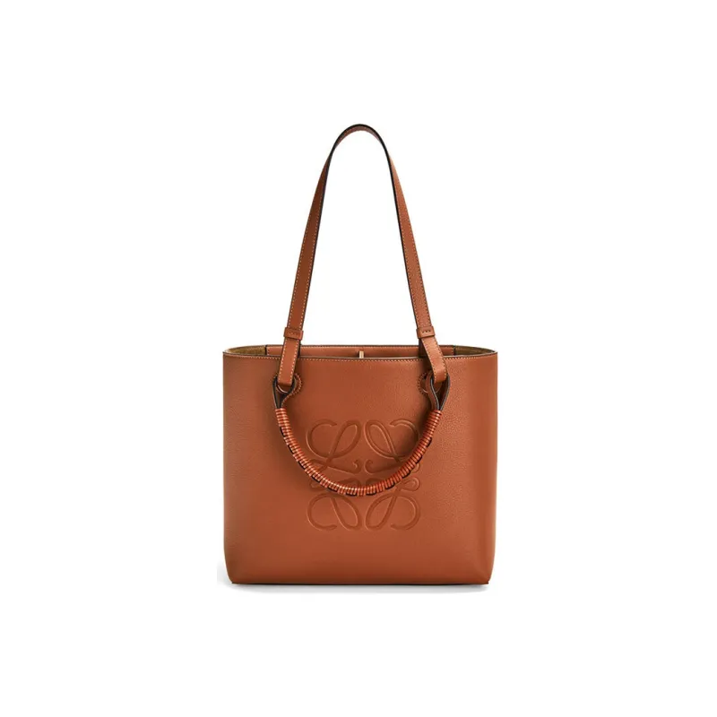 LOEWE Anagram Grained Calfskin Tote Shoulder Bag Handbag Small Size Women's Tan-0
