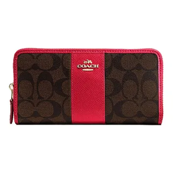 COACH Accordion Zip Monogram Canvas With Leather Wallet Women's Red & Dark Brown Monogram