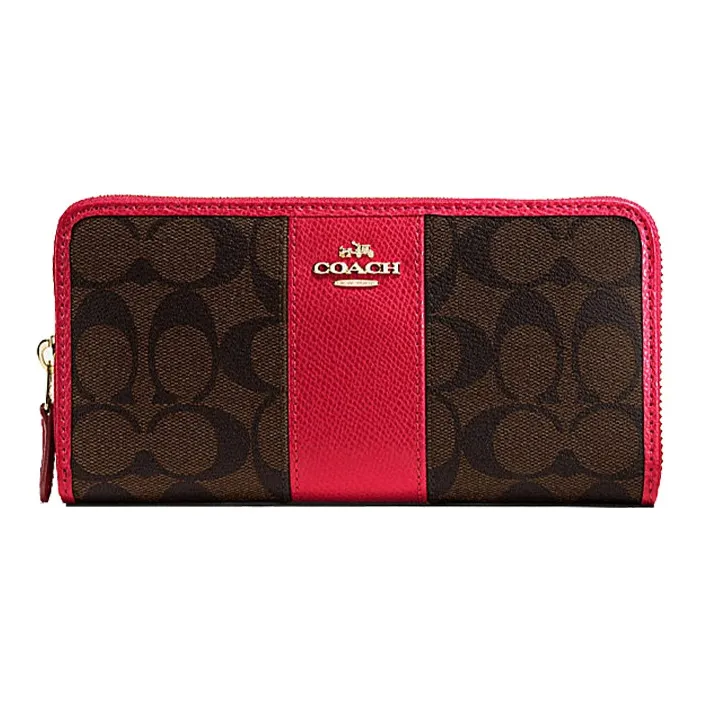 COACH Accordion Zip Monogram Canvas With Leather Wallet Women's Red & Dark Brown Monogram-0