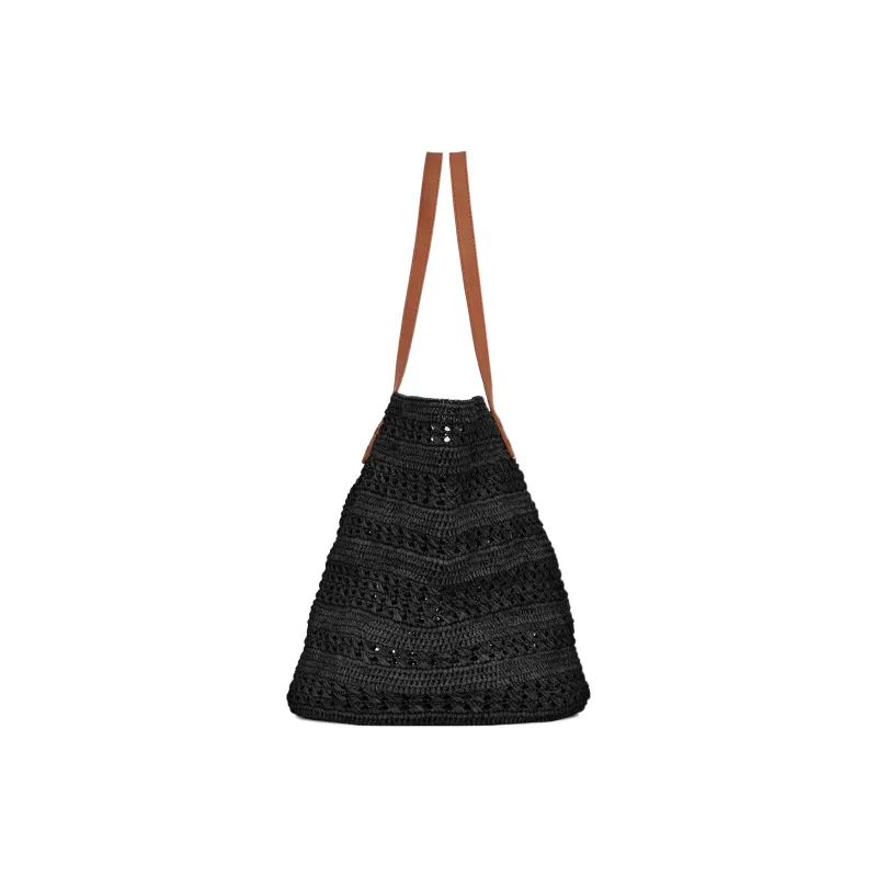SAINT LAURENT Natural Woven Large Capacity Tote Bag Shopping Bag Handbag Medium Size Women's Black-3