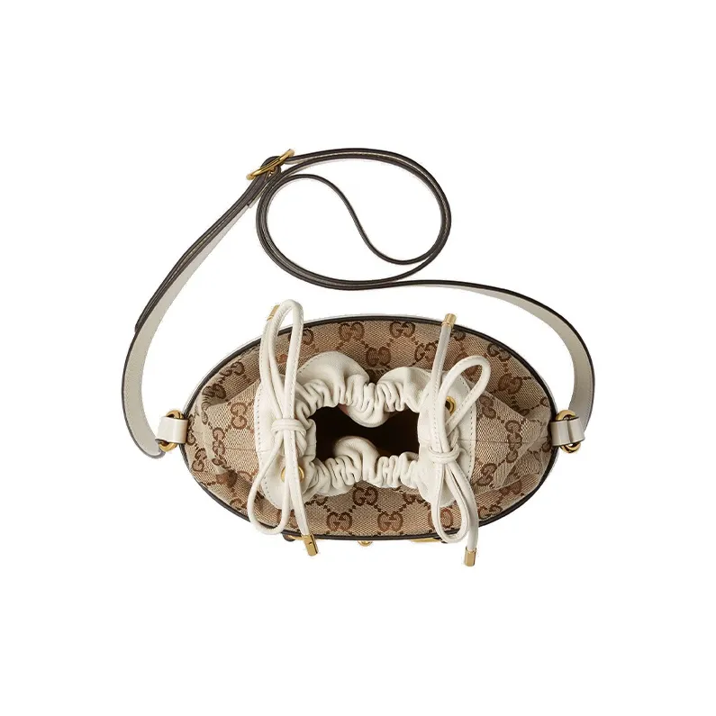 GUCCI Horsebit 1955 Canvas With Leather Bucket Bag, Portable Crossbody Bag, Shoulder Bag Women's White-3