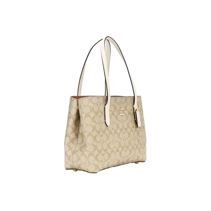 COACH Avenue Canvas With Leather Tote Bag, Shopping Bag, Handbag, Shoulder Bag, Crossbody Bag Women's Khaki Monogram-1