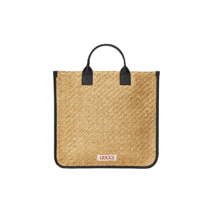GUCCI Straw Woven Material With Leather Tote Bag Shopping Bag Handbag Kids' Bags Kids' Beige/Black-1