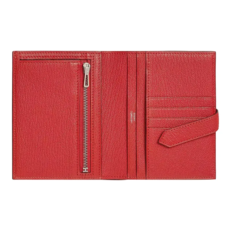 HERMES Bearn Mysore Goat Skin Card Holder, Wallet Women's Orange Red-1