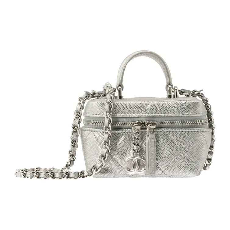 CHANEL Litchi Grain Cow Leather Box Bag, Handbag, Shoulder Bag, Crossbody Bag Trumpets Women's Silver-1
