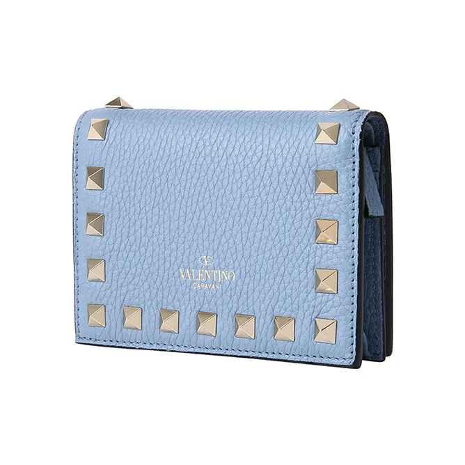 Valentino Rockstud Calfskin Wallet Card Holder Women's Sky Blue-1