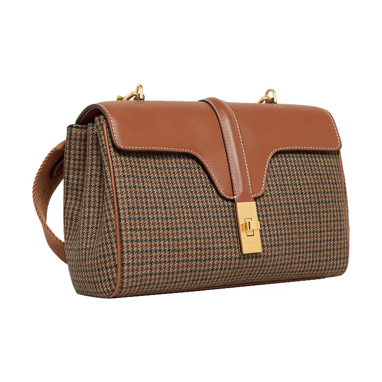 CELINE 16 Plaid Velvet Fabric With Calfskin Shoulder Bag Crossbody Bag Women's Beige/Tan-1