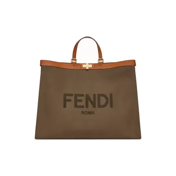 FENDI Peekaboo Leather Trim Canvas Tote Bag Shopping Bag Handbag Large Size Unisex Army Green
