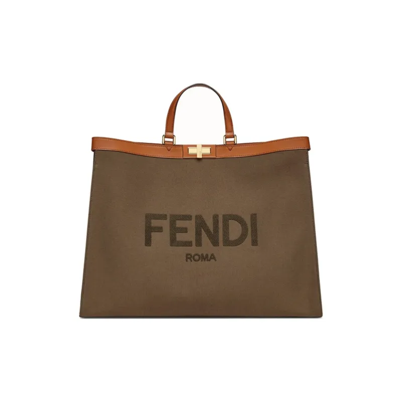 FENDI Peekaboo Leather Trim Canvas Tote Bag Shopping Bag Handbag Large Size Unisex Army Green-0