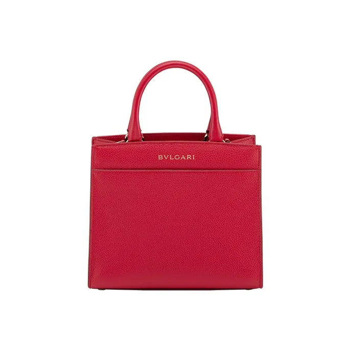 BVLGARI Logo Cow Leather One Shoulder Handbag Small Size Women's Red-4