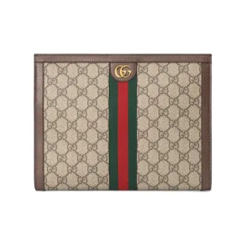 GUCCI Ophidia Canvas With Leather Clutch Women's Ebony/Brown