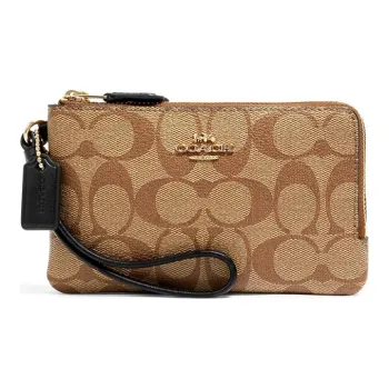 COACH Corner Zip Canvas Wrist Bag Coin Purse, Clutch Women's Khaki Monogram