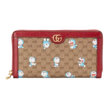 GUCCI Doraemon Collaboration Canvas With Leather Long Zip Closure Wallets Unisex Ebony/Red