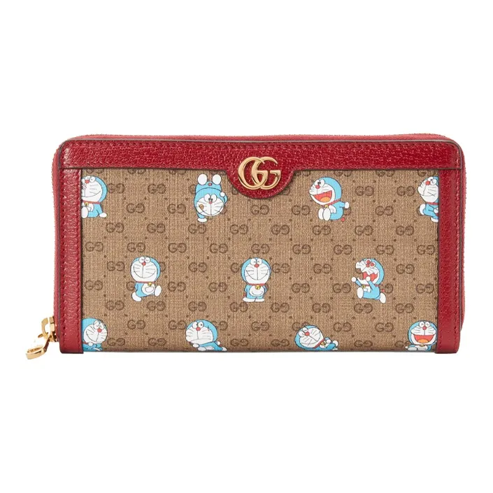 GUCCI Doraemon Collaboration Canvas With Leather Long Zip Closure Wallet Unisex Ebony/Red-0