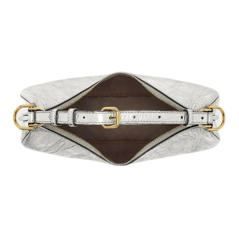 FENDI Fendigraphy Leather Crescent Bag Portable Shoulder Bag Small Size Women's Silver-3