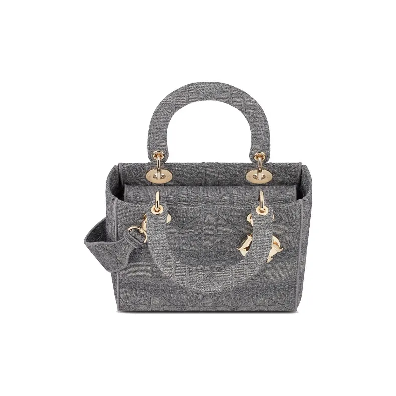 DIOR Lady D Lite Embroidery Handbag Medium Size Women's Gray-2