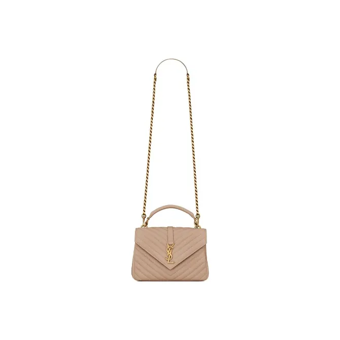SAINT LAURENT College Quilted Leather Shoulder Bag, Crossbody Bag, Handbag Medium Size Women's Dark Beige-6